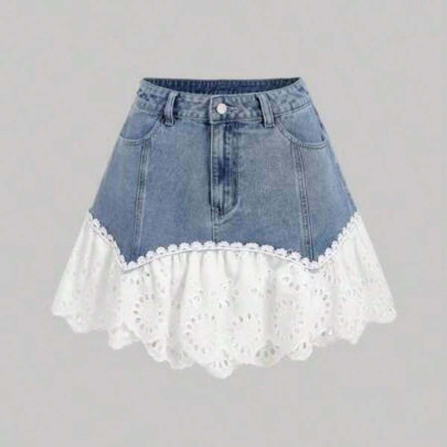 MOD Minifalda vaquera de mujer MOD con dobladillo de volantes bordado y malla de contraste - Lavado ligero - Ver 1