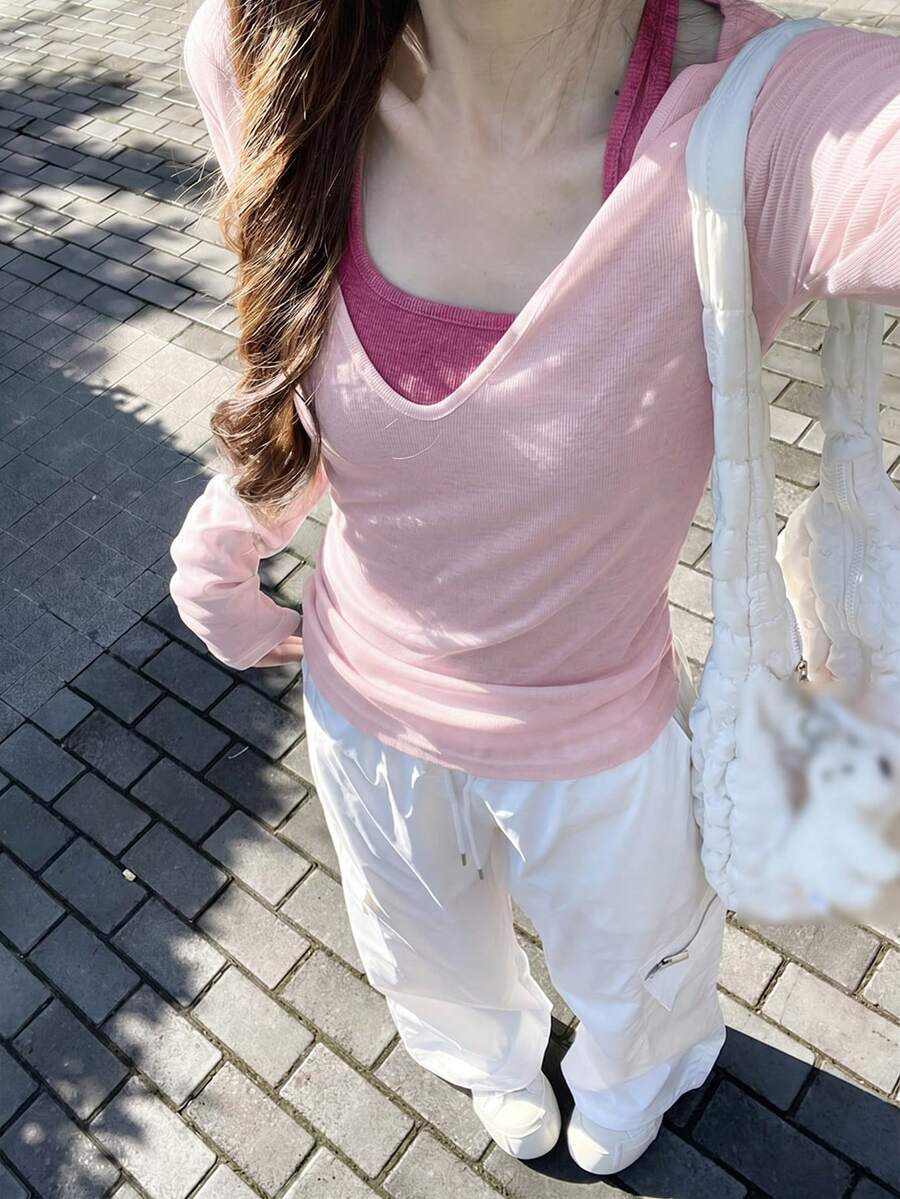 女款藍色無袖罩衫長袖T恤,多巴胺風時尚性感上衣,休閒美學粉色 - 粉色 - 查看 1