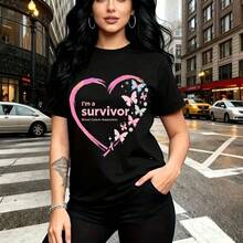 Camiseta de mujer con estampado de corazón rosa lleno de mariposas y estrellas con texto "Sobreviviente" y conciencia sobre cáncer de mama - camiseta casual de manga corta con ajuste cómodo y estilo urbano inspirador - ideal para paseos por la ciudad - Negro - Ver 11