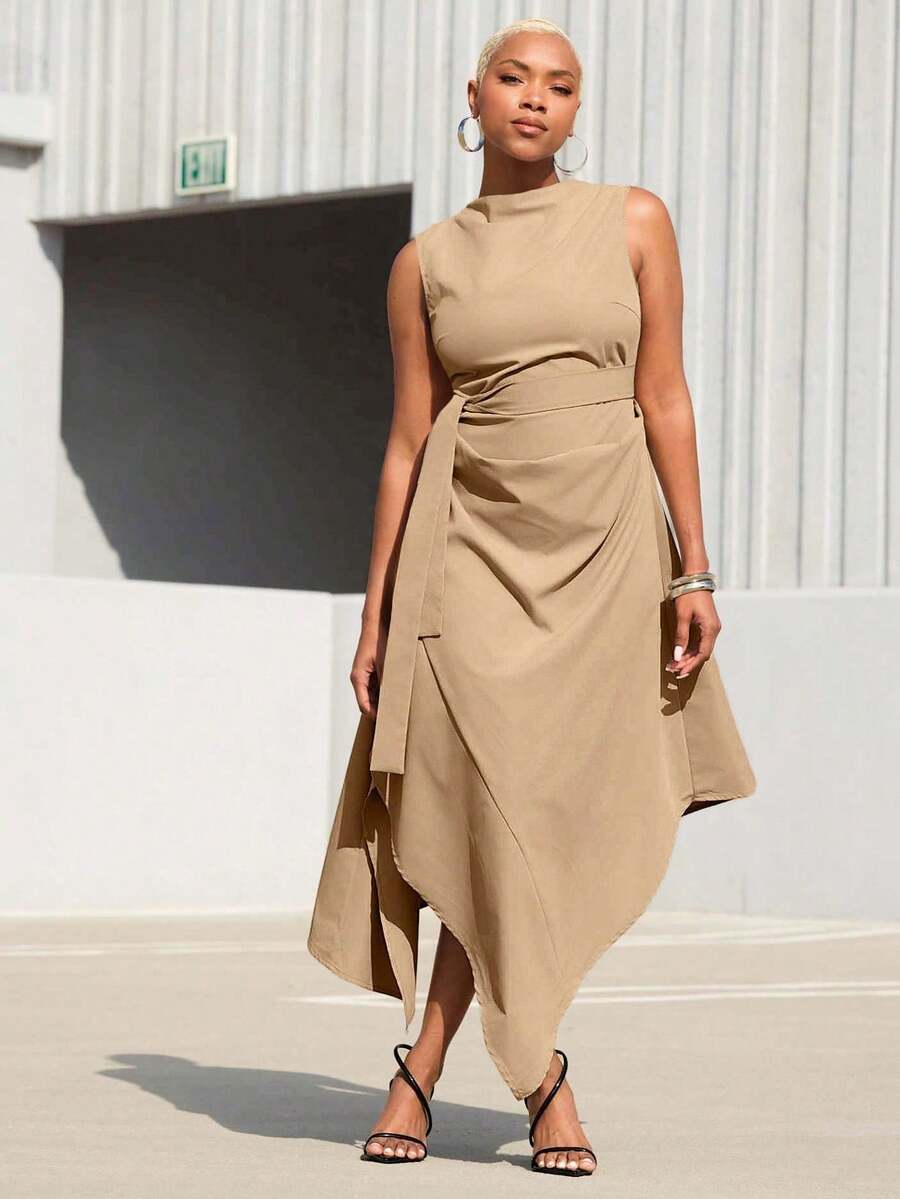 Vestido midi de tejido sin mangas con bajo asimétrico - Caqui - Ver 1
