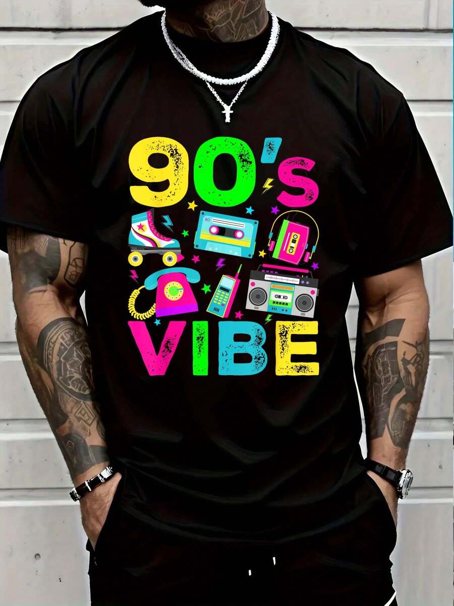 100% Cotton 90's Vibe Retro 1990s 90s Style Party Outfit Men Women T-Shirt Short Sleeve T-Shirt Women's Men's Causal Tops - 黑色13 - 查看 1
