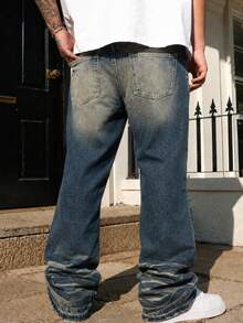 Men's Casual Non-Stretch Straight Leg Jeans, Classic Vintage Washed Denim, Loose Fit Mid-Waist Streetwear Y2K Cargo Pants, Everyday Classic Style - Bronze - View 2