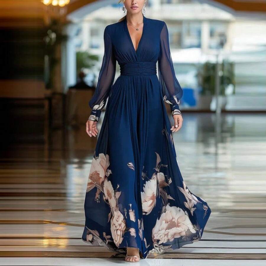 Long Spring Dress With Tulle Overlay, French-Style Fitted Cut, Versatile Print - Blue - View 1