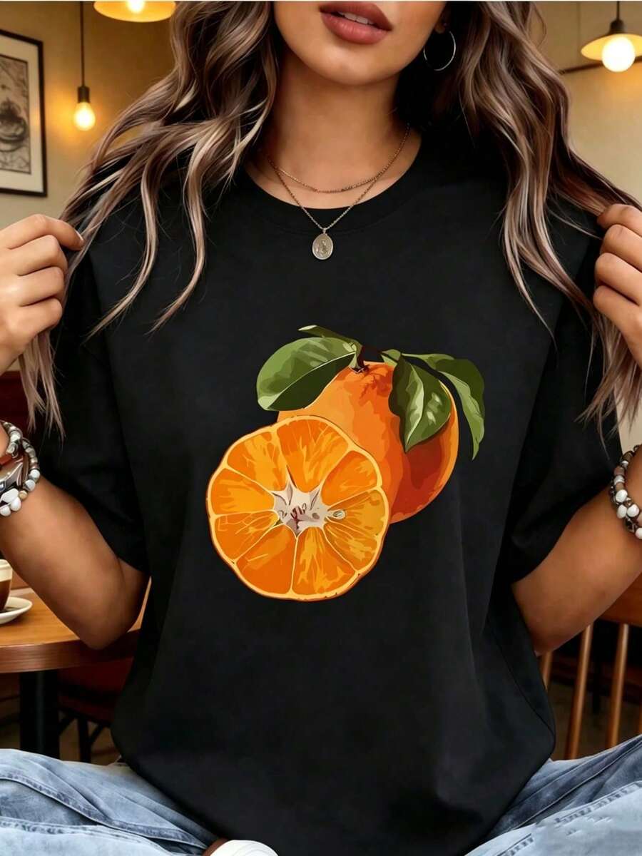 | 1 Women's 100% Breathable Cotton T-Shirt | Bright Pink Short Sleeve Casual T-Shirt For Women - Soft Polyester Crew Neck Top With Vibrant Orange Slice And Leaf Geometric Print, Machine Washable For Spring Summer Casual Wear, Fruit Print T-Shirt, All Season Fabric - Ideal For Summer - 黑色 - 查看 1