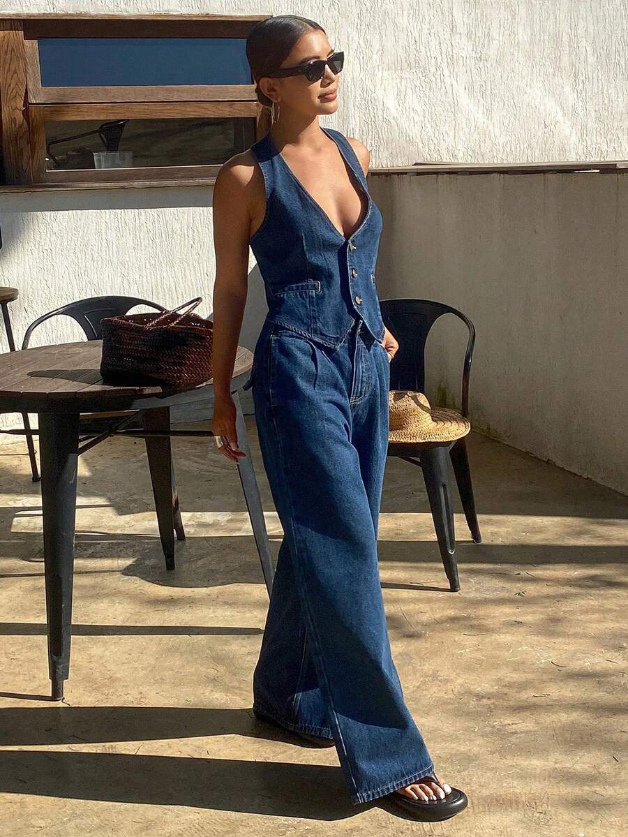 Conjunto de chaleco y pantalones vaqueros minimalista de mujer sin mangas con botones delanteros - Azul lavado oscuro - Ver 1