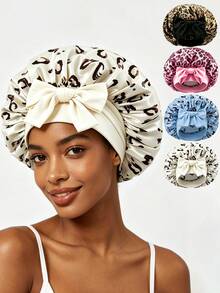 1pcCute & Bold Leopard Print Bow Satin Hair Bonnet, Made Of Smooth Satin Fabric, Retro & Style With Colorful Leopard Print & 3D Bow, Anti-Frizz & Breathable; Ideal For Sleep, SPA & Ramadan, Multi-Color Options Available. - Multicolor - View 2