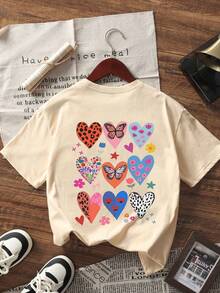 1pc Printed Pullover Short Sleeve T-Shirt For Tween Girls, Student Youth Children's Summer Top, Layering Piece For Autumn/Winter, INS Casual Streetwear Beach Vacation Airport Breakfast School Daily Outfit, Versatile Styling - Apricot - View 2