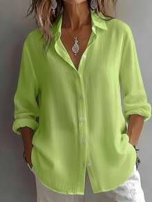 Plus Size Solid Color Button Front Casual Shirt - Lime Green - View 4