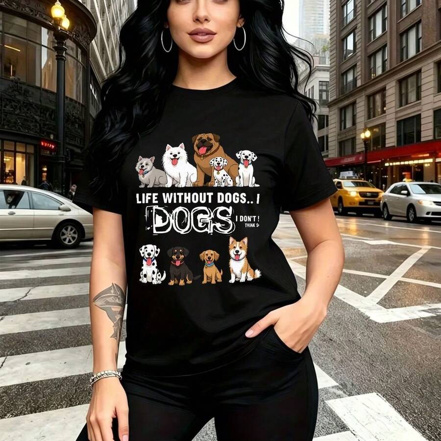 Camiseta de mujer con estampado divertido "LIFE WITHOUT DOGS... I DON'T THINK!" y ilustraciones de razas caninas como Samoyed, Chow Chow y Dálmata - diseño gráfico urbano con letras blancas desgastadas y estilo casual de manga corta, ajuste cómodo y - Negro - Ver 1