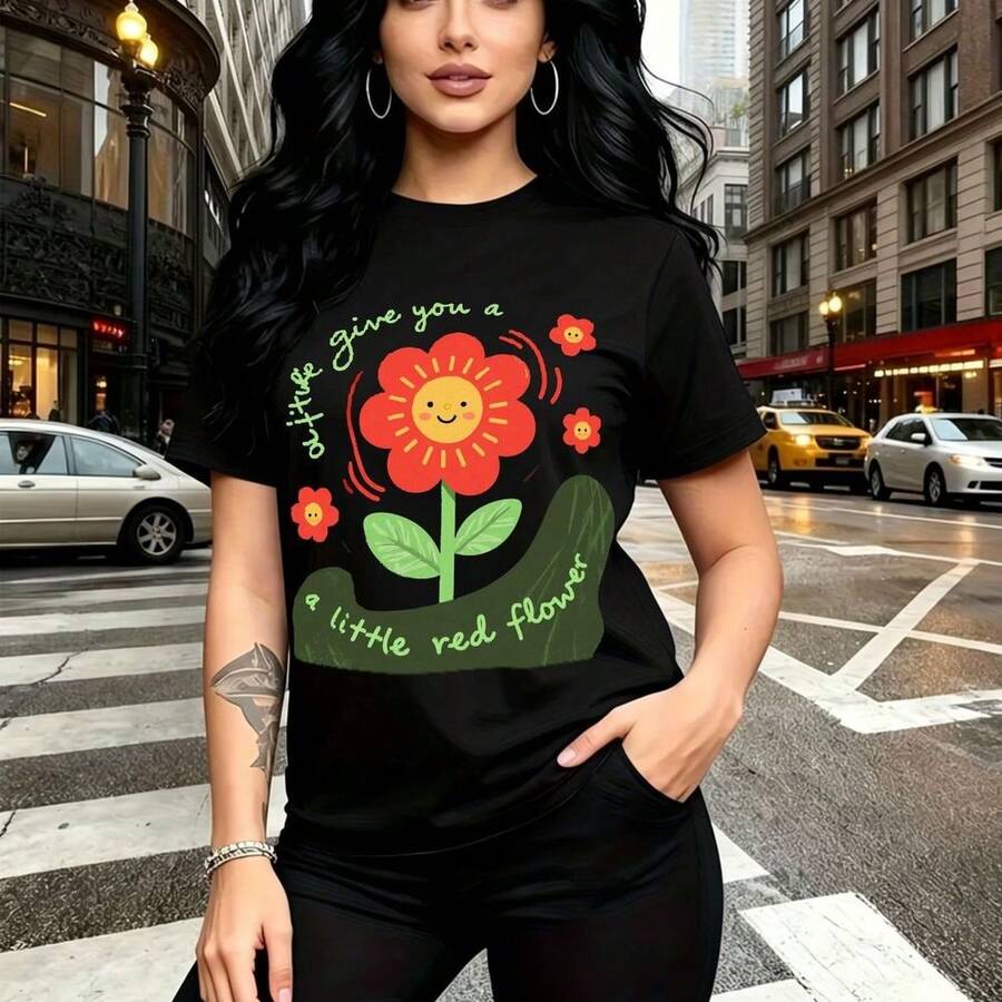 Camiseta de mujer con estampado de flor roja sonriente y texto "We give you a little red flower" - camiseta casual de manga corta, ajuste cómodo y fresco, estilo urbano y alegre para la ciudad - ideal para paseos por el centro, salidas con amigas y r - Negro - Ver 1