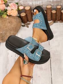 Sandalias de mujer con suela gruesa cómoda, con una correa y remaches, zapatos casuales de playa para vacaciones de verano - Azul - Ver 6