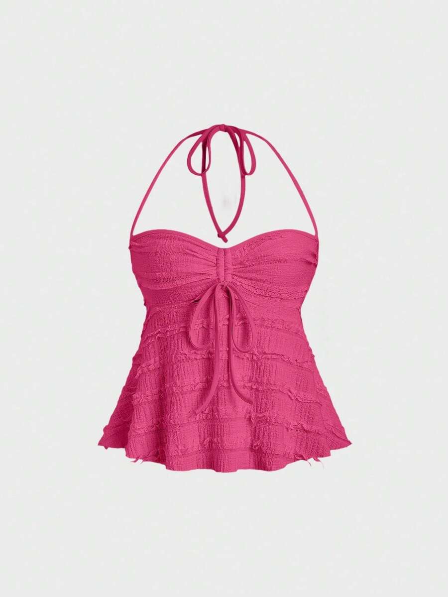 Parte superior de tirantes informal de unicolor con cordón y nudo delantero, verano - Rosa Fucsia - Ver 1