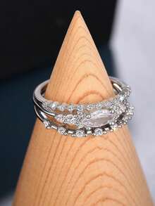 Set 3 Buah Cincin Mewah Batu Zirkonia Kubik, Cocok untuk Wanita, Ideal untuk Pernikahan, Pertunangan, Pesta Ulang Tahun, Hadiah Hari Valentine - Perak - View 3