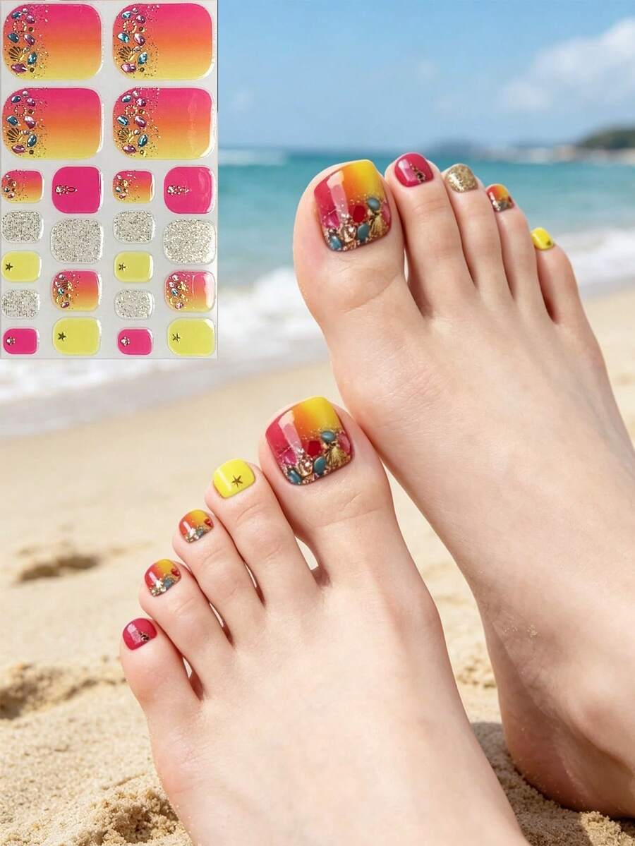 Nuevas pegatinas de uñas con diseño 3D estereoscópico de gradiente de concha, calcomanías de arte de uñas con tema de playa de verano - Multicolor - Ver 1