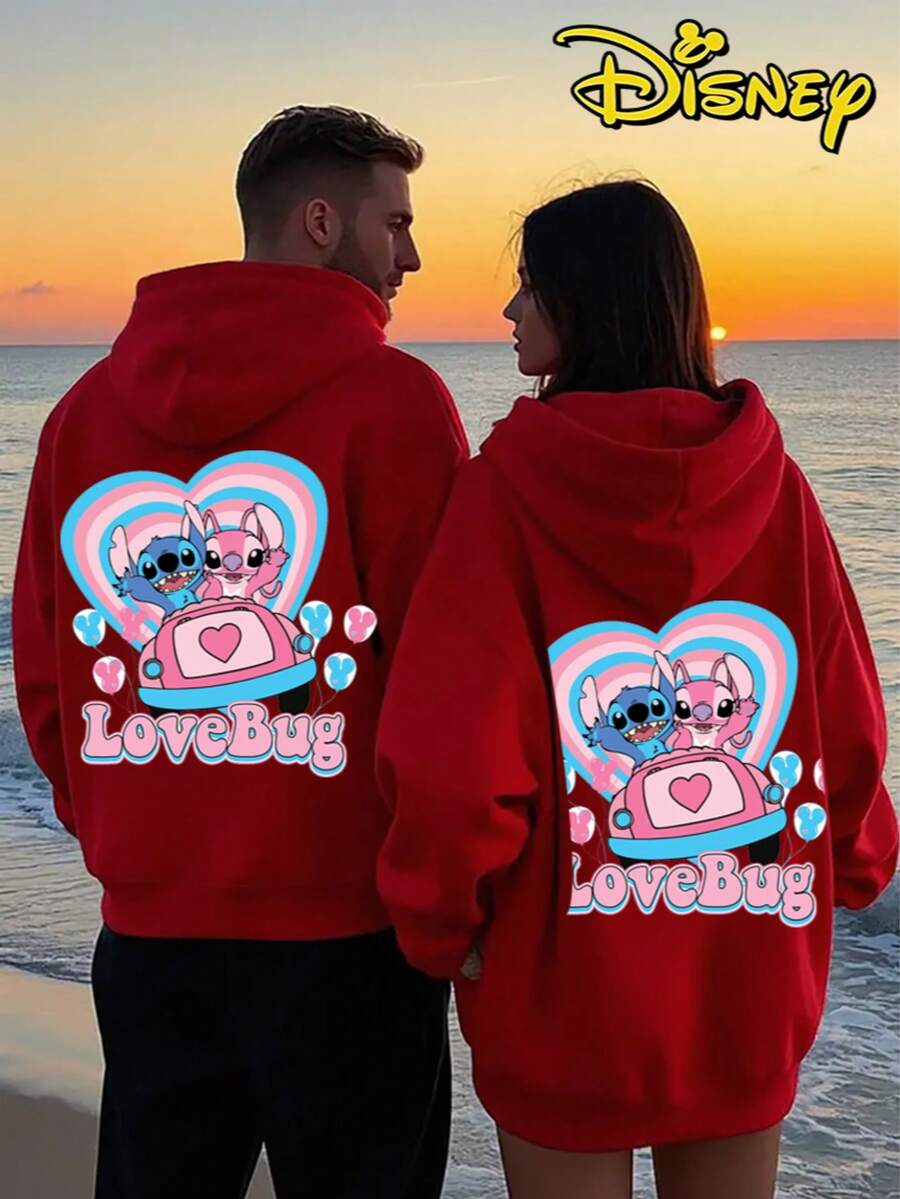 Disney Lilo & Stitch Stitch & Angel "Love Bug" Couple Hoodie, Oversized Casual Daily Sweatshirt, Single Unit 1pc - Women's Red - View 1