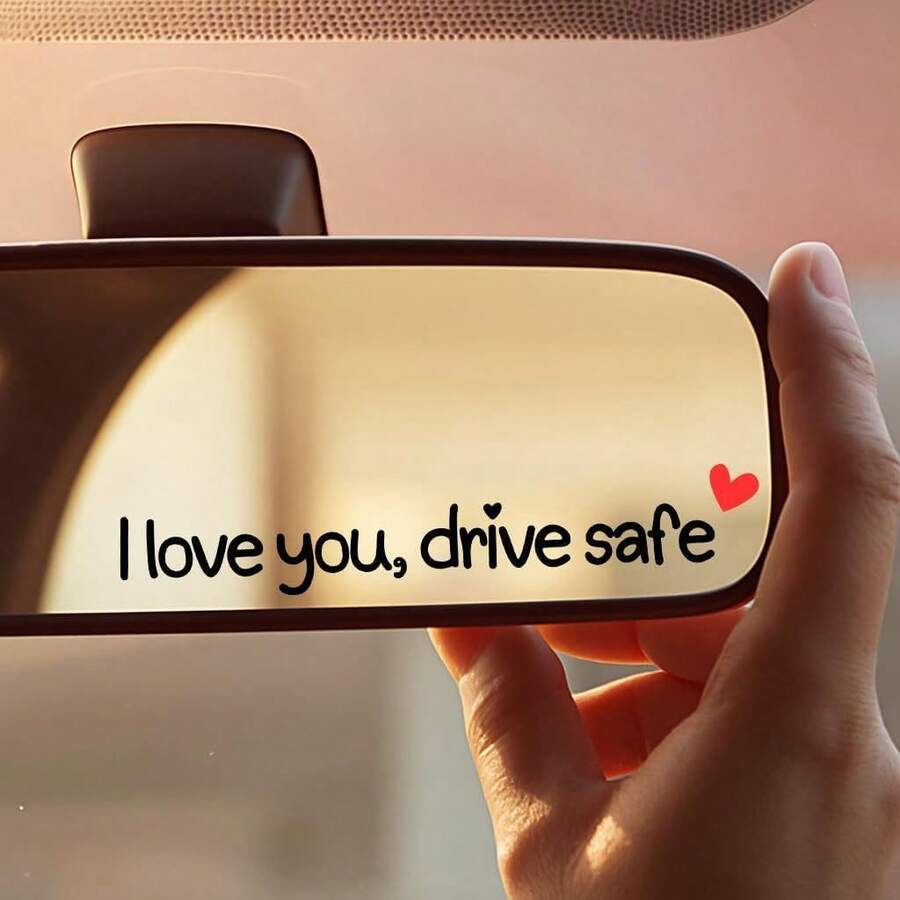 Autocollant plat 2D pour voiture << I Love You, Drive Safely » - Autocollant mignon pour femme, motif cœur noir et rouge, autocollant en vinyle auto-adhésif, convient au rétroviseur, idéal pour la sécurité en voiture. - A - Voir 1