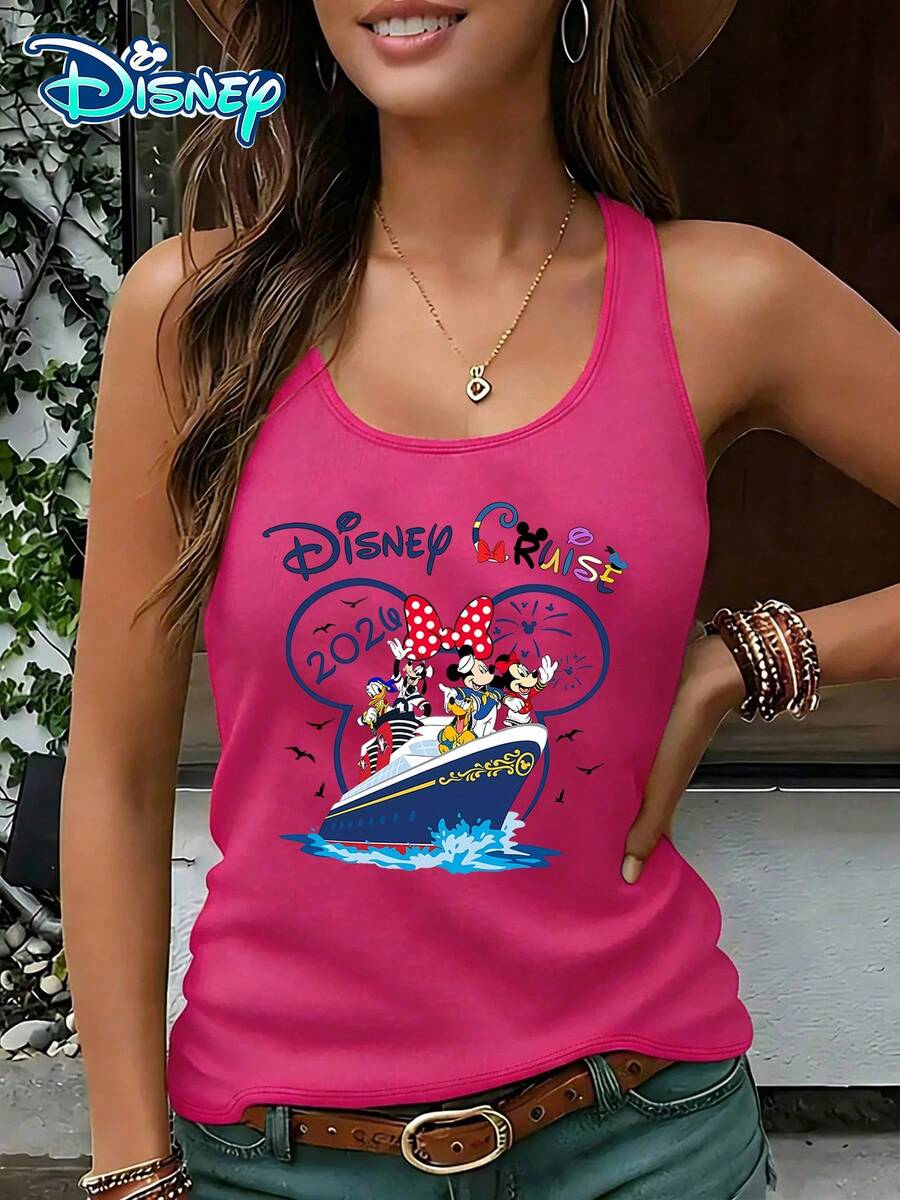 Disney Official Authorization | Women's Casual Round Neck Sleeveless Vest. Featuring Characters Such As Mickey, Minnie, And Donald Duck, With Cruise Themed Prints, It Exudes A Vacation Atmosphere. It Is An Eye-Catching Item For Travel Attire And An Ideal Choice For Commemorating A Trip. - Màu Hồng Tươi - Xem 1