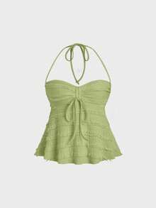 Casual Solid-Color Tank Top With Drawstring And Front Knot, Summer - Green - View 1