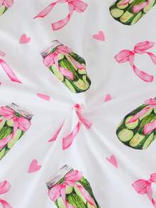 2pcs/Set Tween Girl Summer Casual Pickle Jar & Bow Pattern Print Lapel Short Sleeve Cardigan And Shorts Pajama Set Flame Retardant All Season Girls Mid-To-Older Children - White - View 7