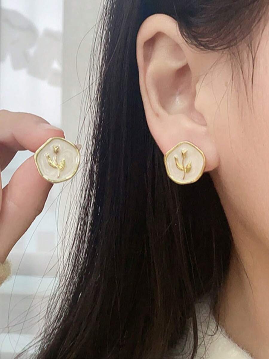 1對極簡優雅滴釉百搭時尚個性幾何不對稱花朵耳釘,適合女性日常、度假、派對穿搭 - 彩色 - 查看 1