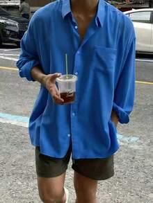 Camisa casual de manga larga, de un solo pecho, de unicolor, holgada y cómoda para hombres - Azul - Ver 1