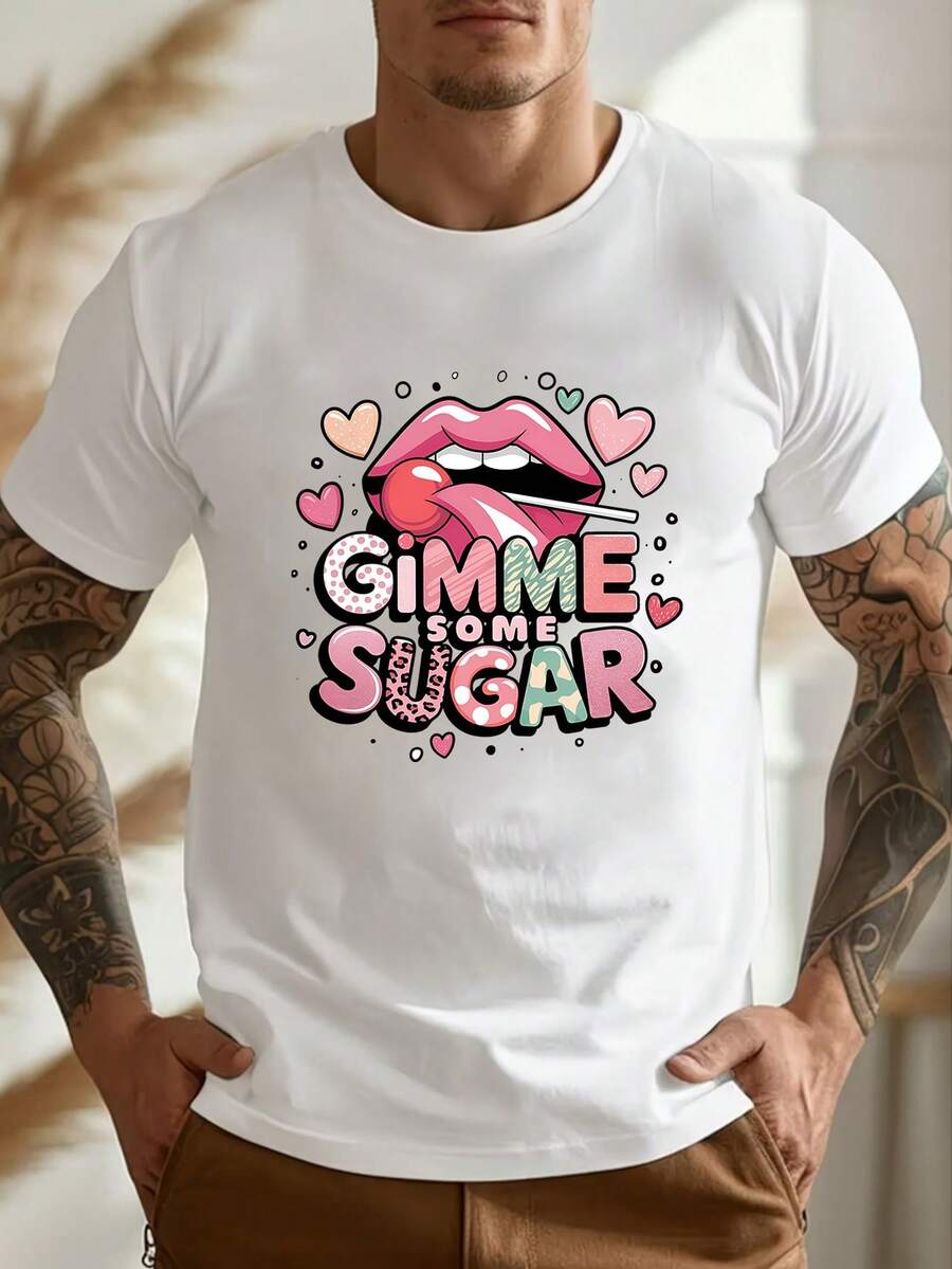 Men's Pure Cotton Short Sleeve T-Shirt Casual Graphic Print Summer Breathable Relaxed Fit Tee with Playful 'Gimme Some Sugar' Lip Tongue Design - Perfect Christmas Gift for Him, Valentine's Day Present, Father's Day Gift, Birthday Gift for Boyfriend/Husband, European Holiday Gift Idea,  Daily Wear, Comfortable Soft Fabric, Classic Round Neck, Easy to Match with Jeans Shorts Pants, Lightweight for Hot Weather - Weiss - Übersicht 1