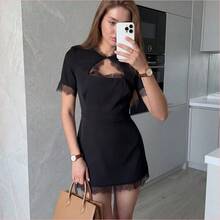 WNS Vestido corto elegante y casual de mujer con mangas cortas, encaje y calado, color negro, adecuado para fiestas, bodas, playa, vacaciones y uso diario en verano - Negro01 - Ver 7