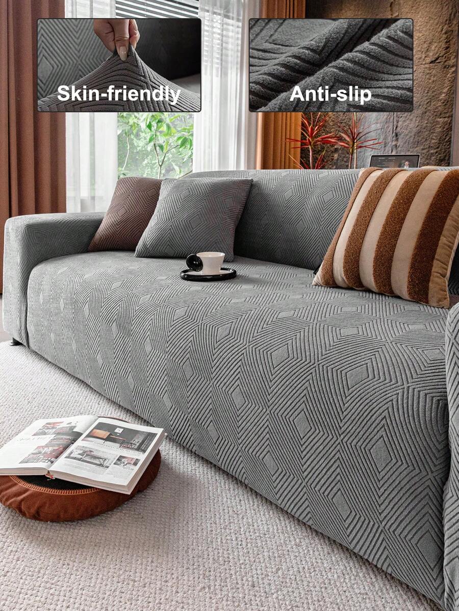 1pc Solid Color Plush Stretch Sofa Cover, Foam Rod Fixed Anti-Slip Pet-Friendly, Suitable For All Seasons Holiday Decor, Fit For Combination Sofa, Chaise Lounge, Straight Sofa - Dark Grey - View 1