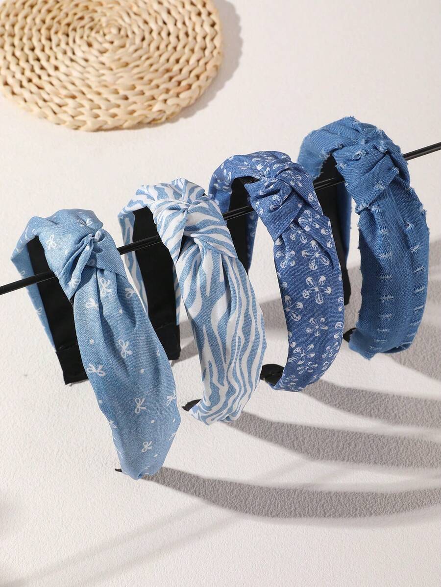 4入女款時尚優雅藍色條紋蝴蝶結花朵髮帶,適合日常穿搭、度假、波希米亞風、海灘假期髮箍髮帶 - 彩色 - 查看 1