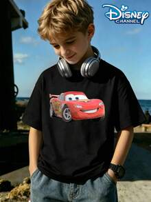 Disney Cars Lightning McQueen "I'm Lightning!" Front & Back Tops,A Printed T-Shirt Suitable For Children Who Like Friends, Perfect For Cool Boys. Teen Boy Gift,Comfortable And Breathable Children's Short-Sleeved T-Shirt. Suitable For Both Boys And Girls.Suitable For Daily Wear, Vacations, Outdoor Activities, And As A Children's Gift. - 黑色 - 查看 2
