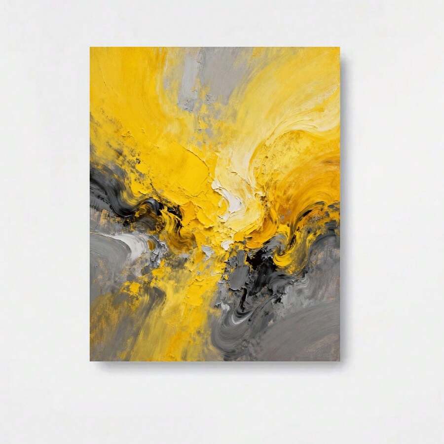 Gran Pintura al Óleo Abstracta Moderna Hecha a Mano con Textura y Pinceladas Gruesas en Lienzo - Arte de Pared Grande en Amarillo, y Gris (Disponible - Pintado a Mano en Cada Capa para Sala, Dormitorio, Oficina - Obra de Arte Contemporánea, Sin Marco) - Enmarcado - Ver 1