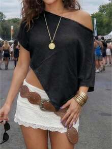 Womens Summer One Shoulder Knit Sheer Poncho Tops Rave  Lightweight Asymmetric Shrug Beach Cover Up Tops - Black - View 3