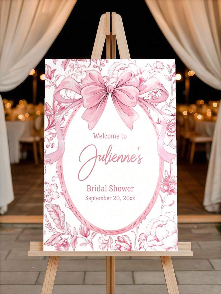 Custom Pink Floral & Bow Theme Party Welcome Sign - Incorporating Charming Chinese Aesthetic Elements, This Party Welcome Sign Features Exquisite Pink "Printed" Style Floral And Bow Patterns, Perfect For Decorating Baby's 100-Day Celebration Or Wedding Party. As A Personalized Welcome Sign - Multicolor 06 - View 1