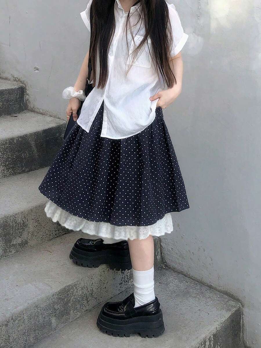 Korean Style Retro Polka Dot Lace Trim Patchwork Petite Skirt (Random Polka Dot) - Navy Blue - View 1