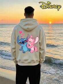 Disney Lilo & Stitch Stitch And Angel Kissing Couple Hoodie, Casual Loose Street Style Sweatshirt, Single Piece 1pcs - Men's Apricot - View 2