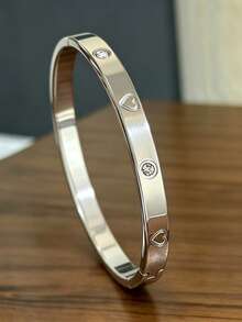 3/1 Piece New High-Quality Stainless Steel 18K Gold-Plated Women's Jewelry Bangle Set / Sparkling Crystal Heart-Shaped Zirconia Women's Jewelry Set, Copper Inlaid Synthetic Zirconia Open Yellow Gold Women's Jewelry, Fashionable Women's Daily Wear Bracelet Set, Perfect Gift For Festivals/Summer/Beach/Vacation/Girlfriend - Silver - View 7