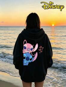 Couples Disney Lilo & Stitch Peeking Stitch And Angel Print Hooded Sweatshirt, Casual Loose Streetwear Hoodie, Sold As Single Piece 1pcs - Phụ nữ da đen - Xem 2