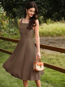 xheVintamour Vestido de corte A estilo vintage elegante para mujer con estampado floral de pequeñas flores, cuello cuadrado, sin mangas, con tirantes, decoración con botones, informal, adecuado para vacaciones y días festivos, vestido veraniego para mujeres, ropa de verano elegante para mujeres, vestidos para el sol para mujeres, vestidos de cumpleaños para mujeres, vestidos para mujeres, ropa de verano para mujer, vestidos de verano para mujer, atuendos de vacaciones para mujer, atuendos de cumpleaños para mujer, atuendo de concierto de campo para mujer, vestidos de verano casualesxhe - Marrón - Ver 2