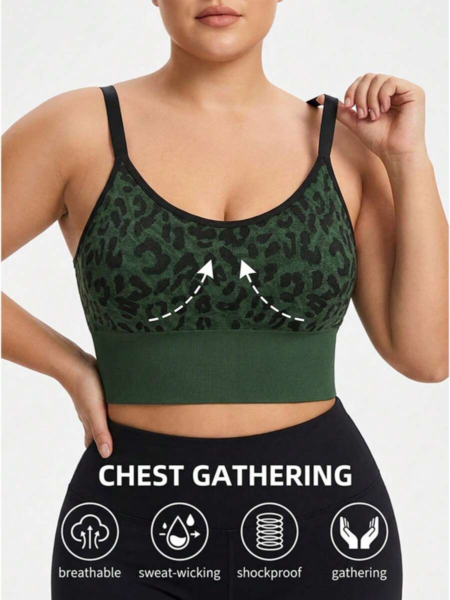 Oillpretty 1pc Green Leopard Print Sports Bra, Adjustable Spaghetti Strap, Medium Support, Comfortable Seamless Fabric, Suitable For Yoga, Fitness, Running, Low-Impact Sports And Casual Wear - Green - View 1