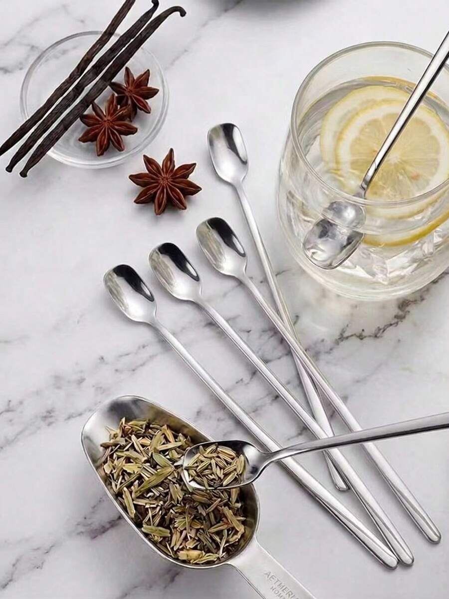 1pc/2pcs/5pcs Premium 304 Stainless Steel Silver Mixing Spoon, Extra Long Handle Ice Cream Scoop, Square Tip Spoon, Cocktail Milk Tea Honey Spoon, Bartender Stirrer - View 1