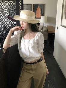 白色提花女款夏季法式風優雅修身蕾絲亞麻襯衫 - 白色 - 查看 6