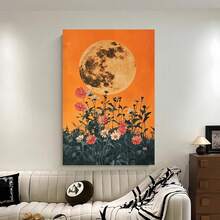 Enmarcado Lienzo impreso en 2D plano, Luna y Flores -  con cielo naranja vibrante, diseño plano en 2D  para dormitorio, sala de estar o decoración de residencia estudiantil, idea de regalo perfecta, decoración de pared para dormitorio |  vibrante | Diseño plano en 2D, decoración de luna - Enmarcado - Ver 2