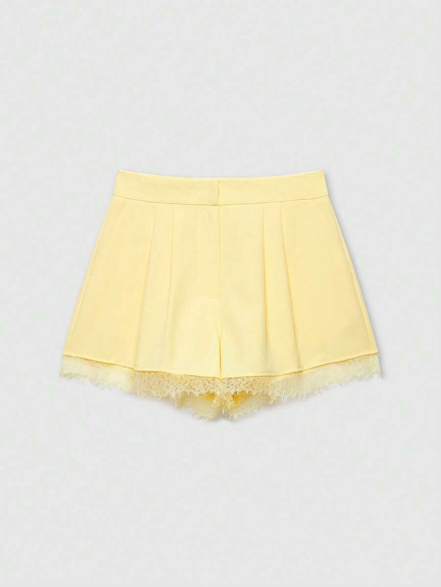 Pantalones cortos casuales de verano de unicolor con volantes de encaje para mujer, color negro - Amarillo - Ver 1