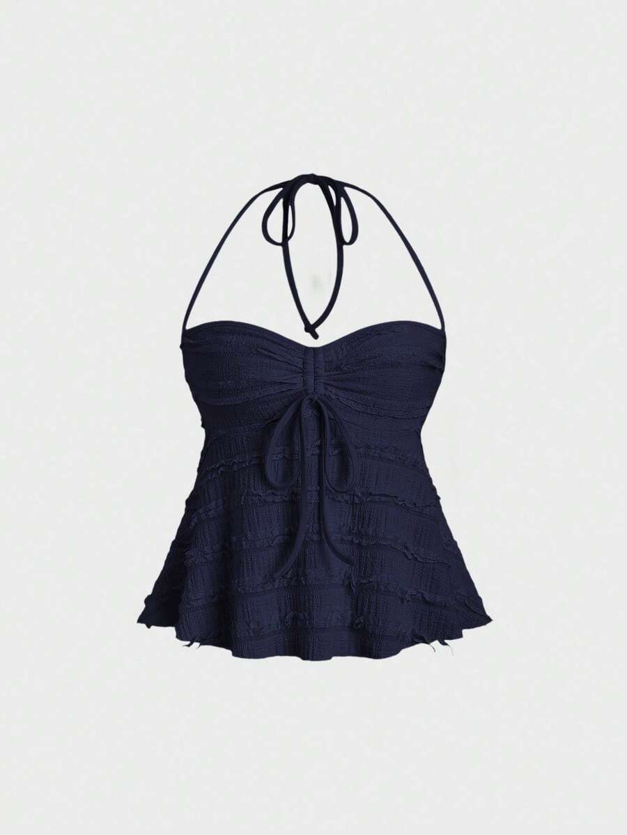Casual Solid-Color Tank Top With Drawstring And Front Knot, Summer - Navy Blue - View 1