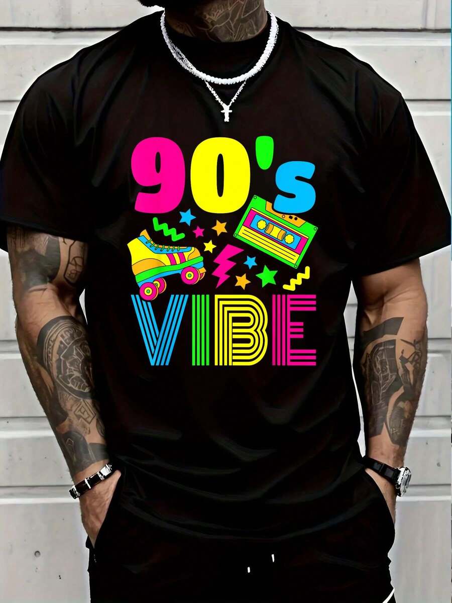 100% Cotton 90's Vibe Retro 1990s 90s Style Party Outfit Men Women T-Shirt Short Sleeve T-Shirt Women's Men's Causal Tops - 黑色2 - 查看 1