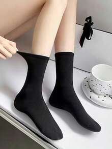1/5/7/10/15 Pairs Women's Solid Color Wide Opening Comfortable Minimalist Maternity Socks Mid-Calf Casual Breathable Warm Soft Cute Socks For Autumn/Winter Daily Office Wear - Black - View 3