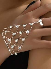 1pc Full Rhinestone Geometric Tassel Hand Chain Bracelet Ring Integrated Hand Jewelry For Women, Fashionable Luxury High-End - Silver - View 9