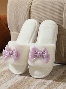 Women's Fuzzy Bow Slippers, Comfortable Indoor Lightweight Non-Slip Cute Slippers For Spring, Autumn And All Seasons - White Purple - View 3