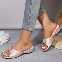 Women's Metal Buckle Decor Chunky Heel Sandals Pleated Upper Square Toe Open Toe Slip-On Slides Summer Pink Satin Party Wedding High Heel Sandals - Pink - View 5