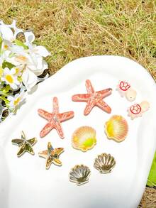 Set de 10 piezas de decoraciones para zapatos con temática marina, conchas, tortuguitas pequeñas, estrellas de mar, accesorios desmontables, elegantes y de moda, adecuados para sandalias, pantuflas, excelentes como regalos para fiestas - Marrón - Ver 4